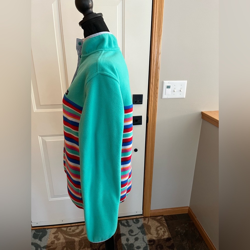 Women’s Lands’ End Heritage fleece pull over snap green striped jacket. Medium - Picture 5 of 16
